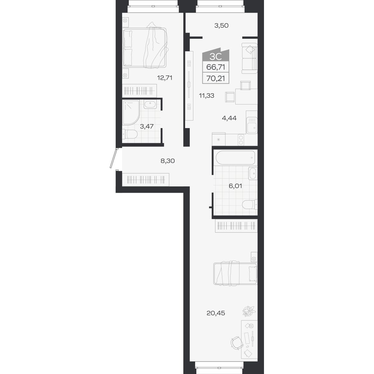 Планировка: 3-комнатная 66,71 м² в ЖК «Ясный берег»