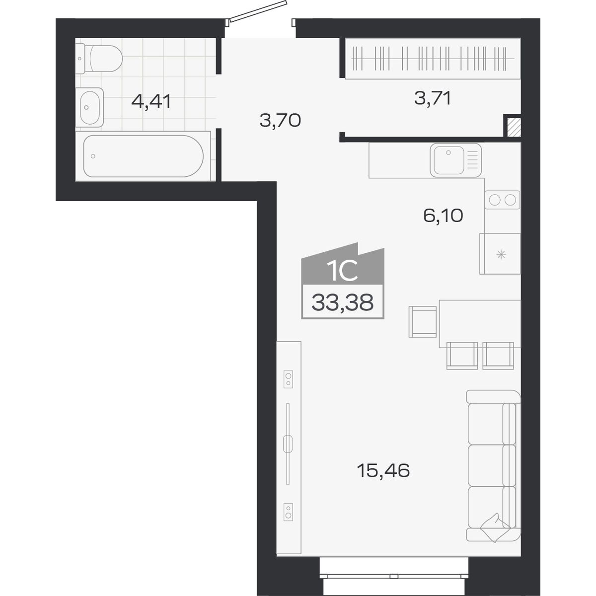 Планировка: Евро-1, 33,38 м²