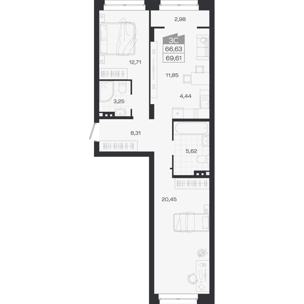 Планировка: 3-комнатная 66,63 м² в ЖК «Ясный берег»
