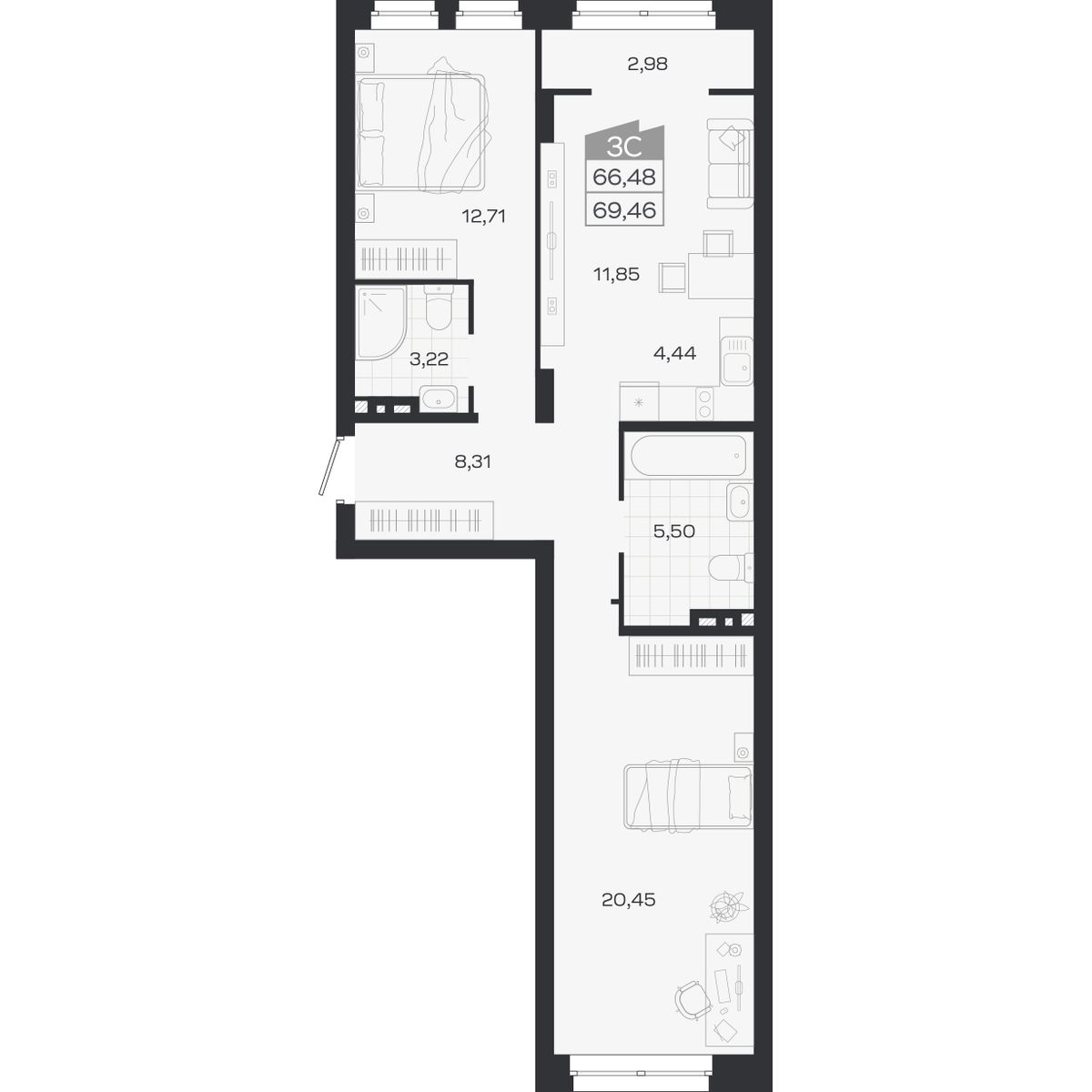 Планировка: 3-комнатная 66,48 м² в ЖК «Ясный берег»