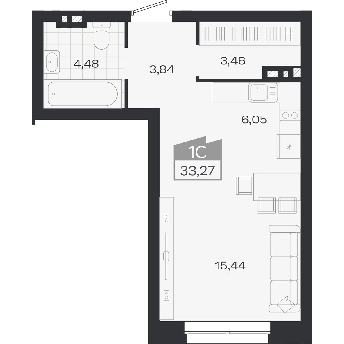 Планировка: Евро-1, 33,27 м²