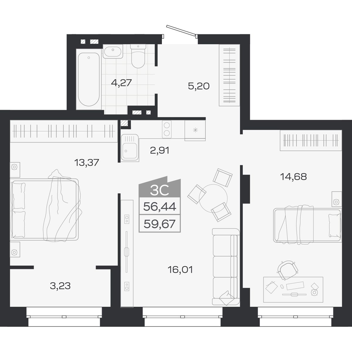 Планировка: 3-комнатная 56,44 м² в ЖК «Ясный берег»