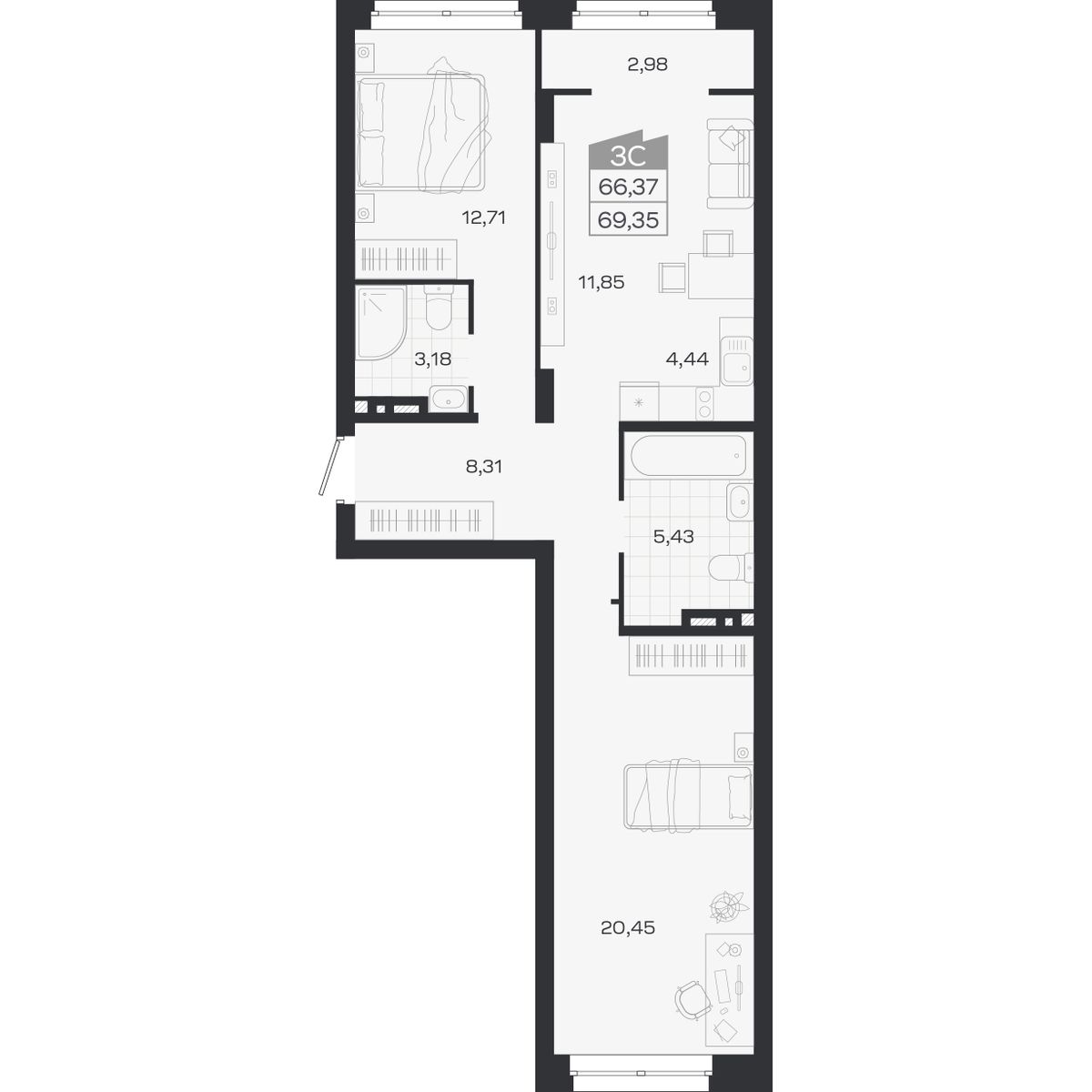 Планировка: 3-комнатная 66,37 м² в ЖК «Ясный берег»