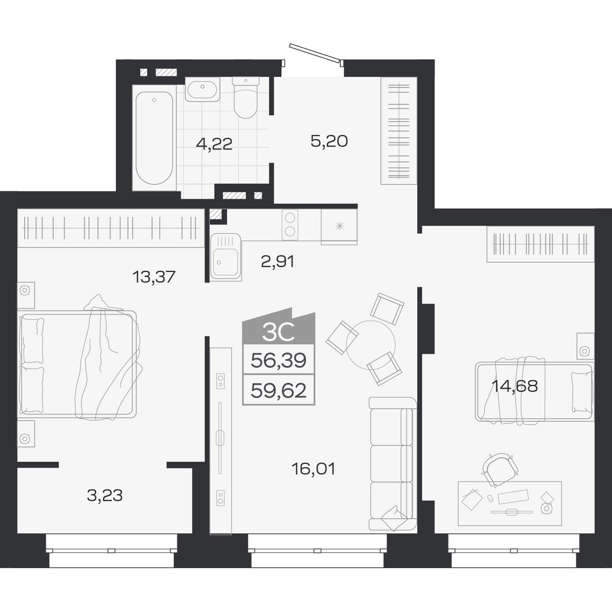 Планировка: 3-комнатная 56,39 м² в ЖК «Ясный берег»