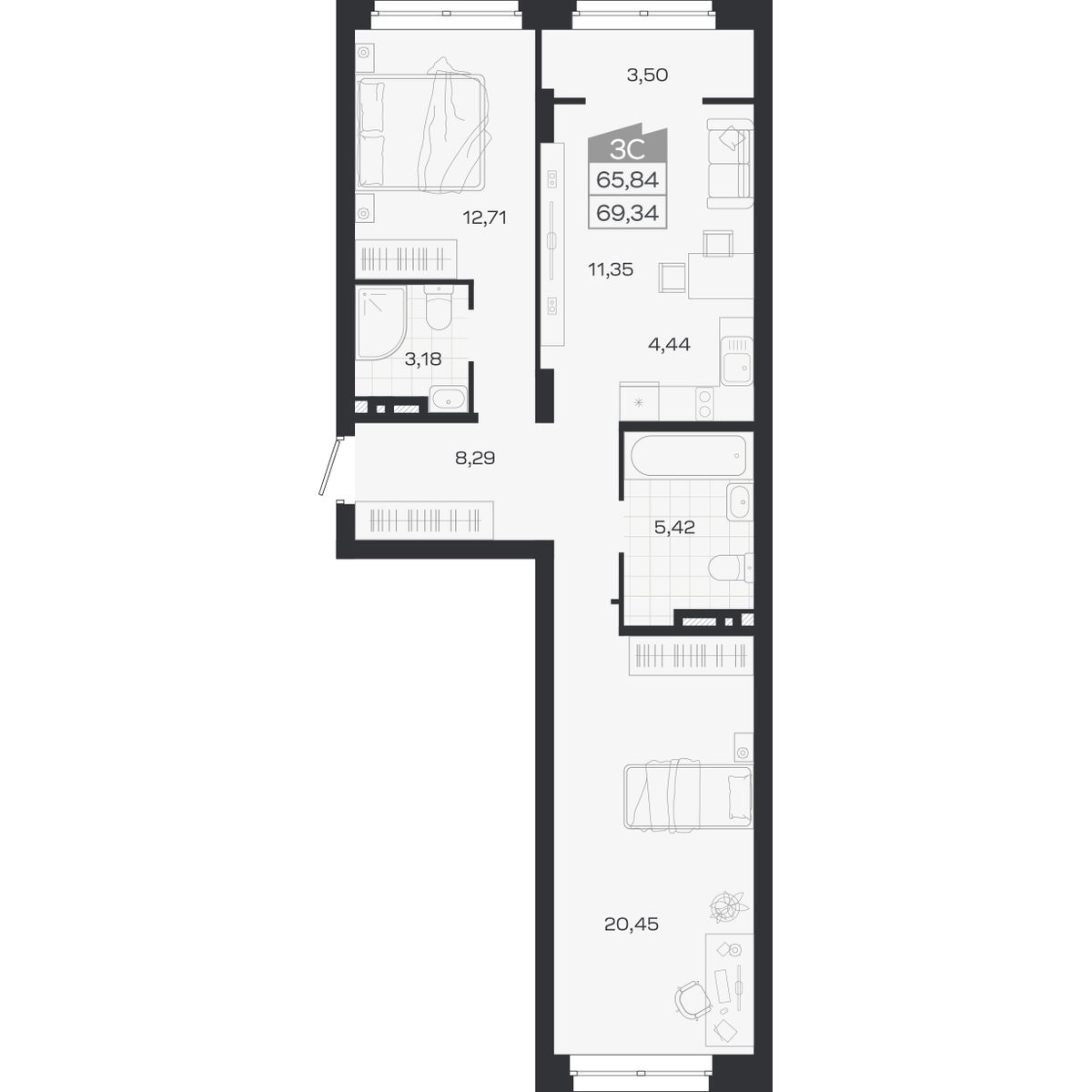 Планировка: 3-комнатная 65,84 м² в ЖК «Ясный берег»