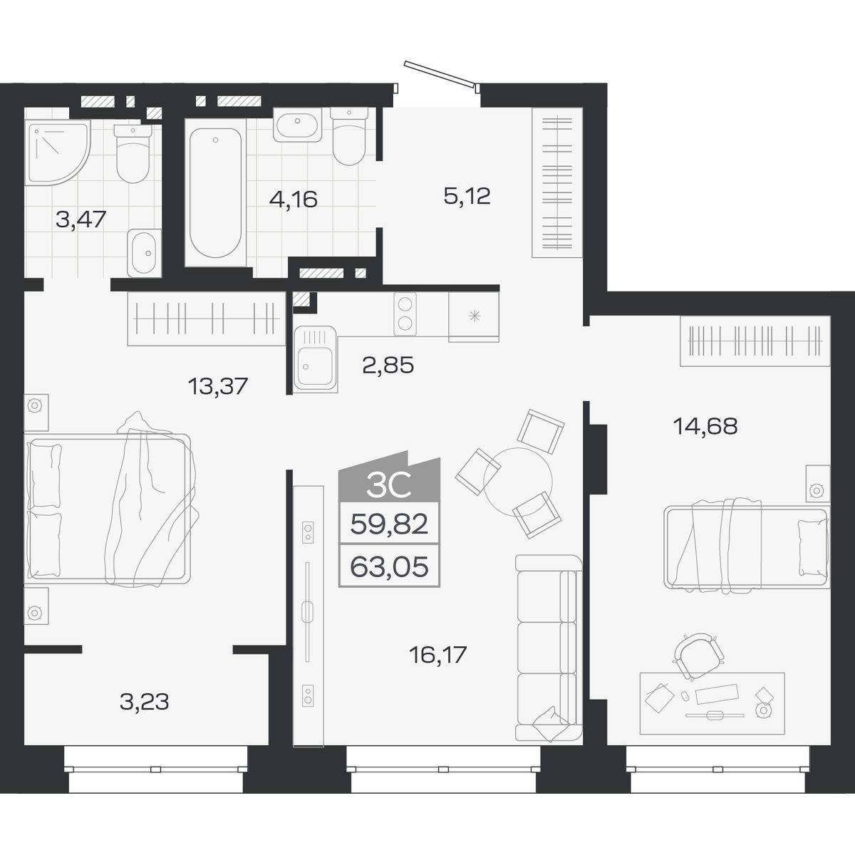 Планировка: 3-комнатная 59,82 м² в ЖК «Ясный берег»