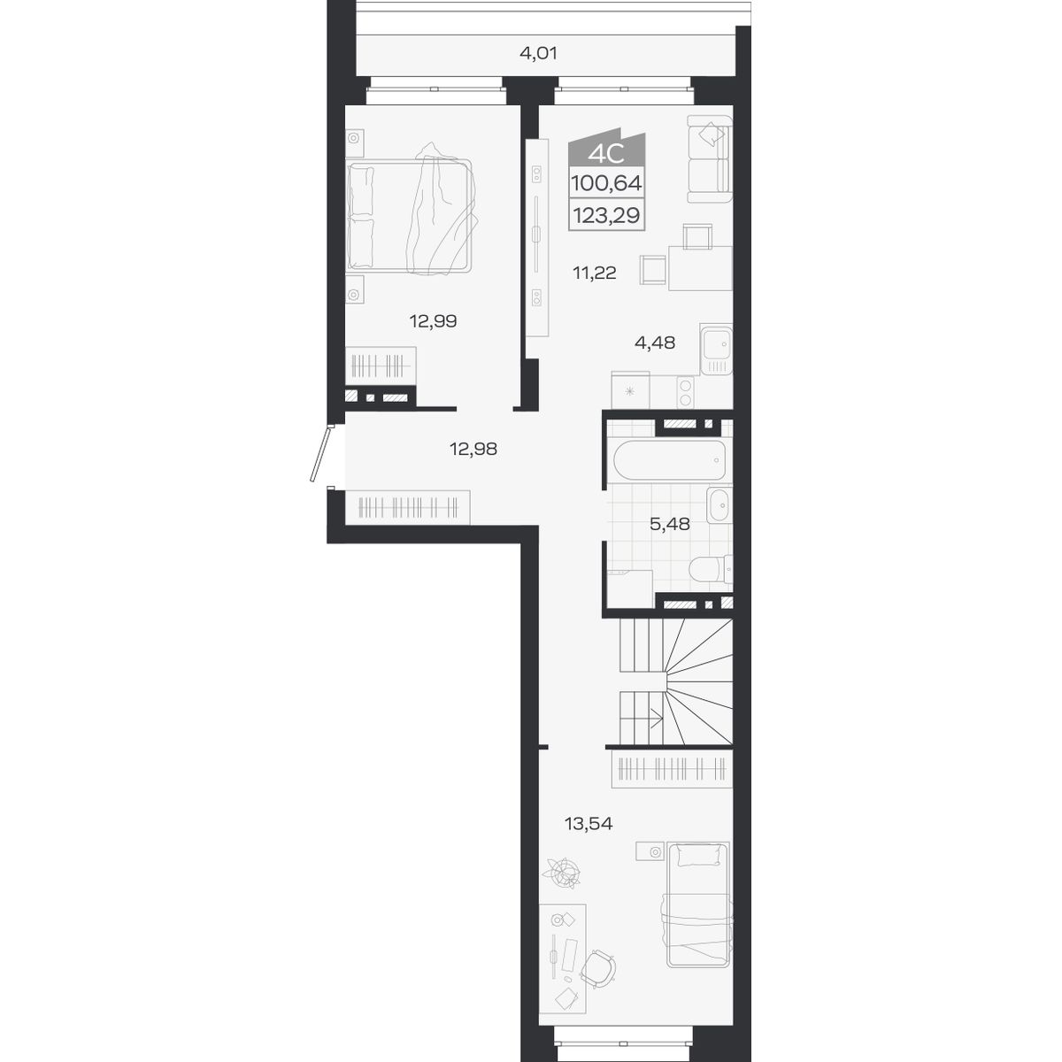 Планировка: 4-комнатная 100,64 м² в ЖК «Ясный берег»