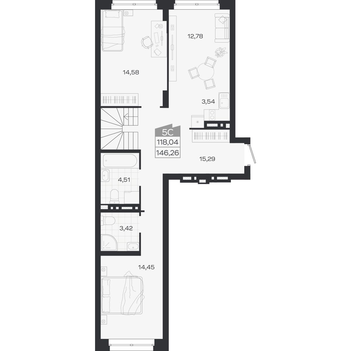 Планировка: 5-комнатная 118,04 м² в ЖК «Ясный берег»