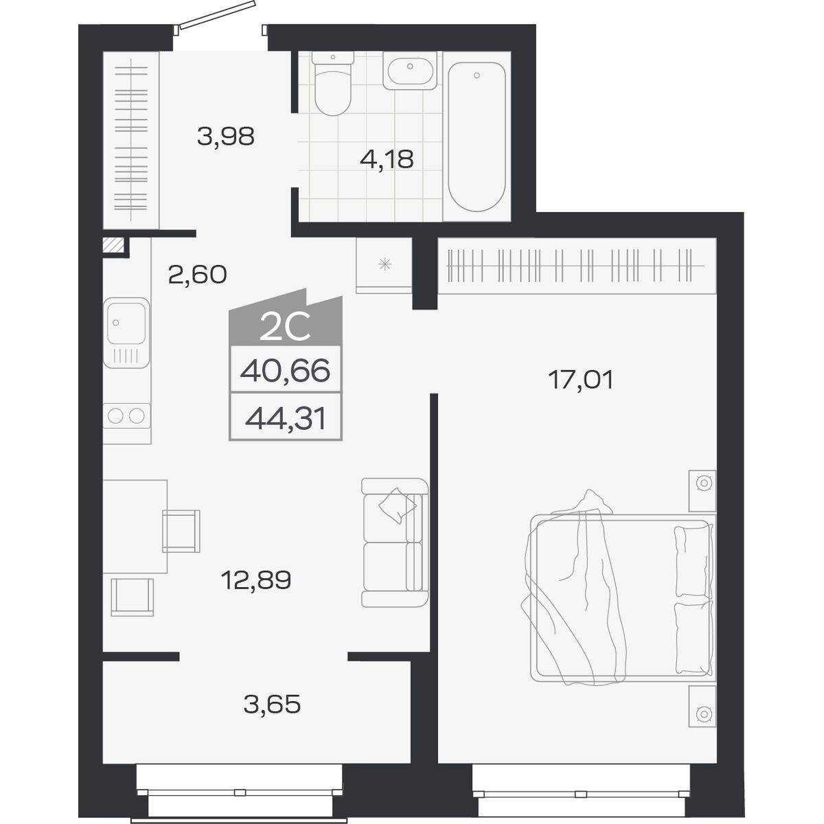 Планировка: Евро-2, 40,66 м²