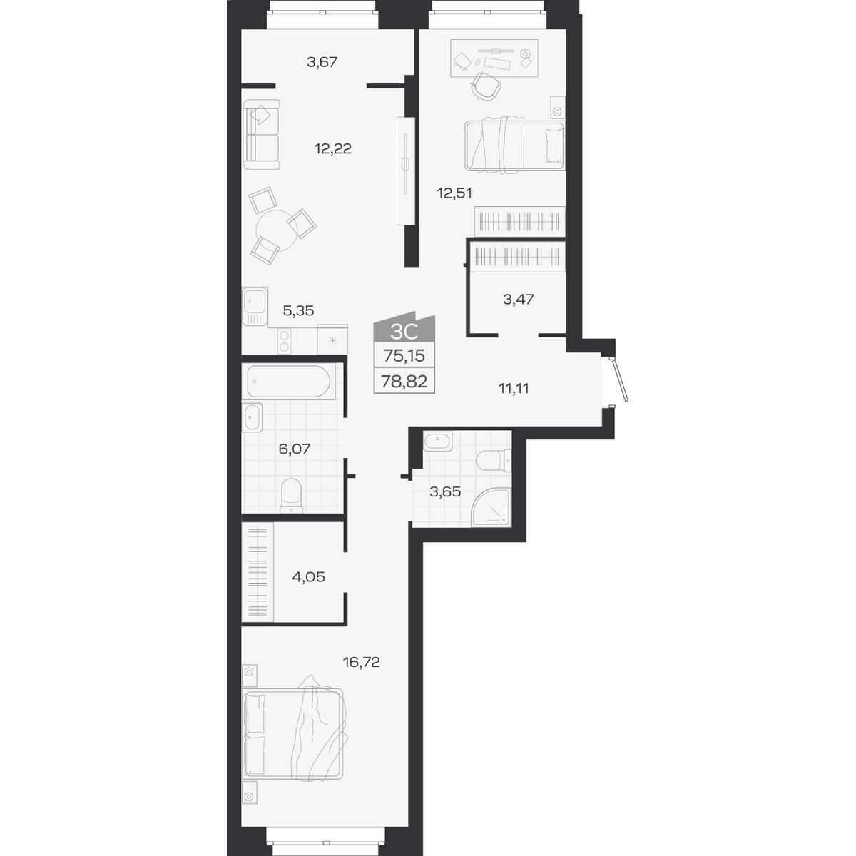Планировка: 3-комнатная 75,15 м² в ЖК «Ясный берег»