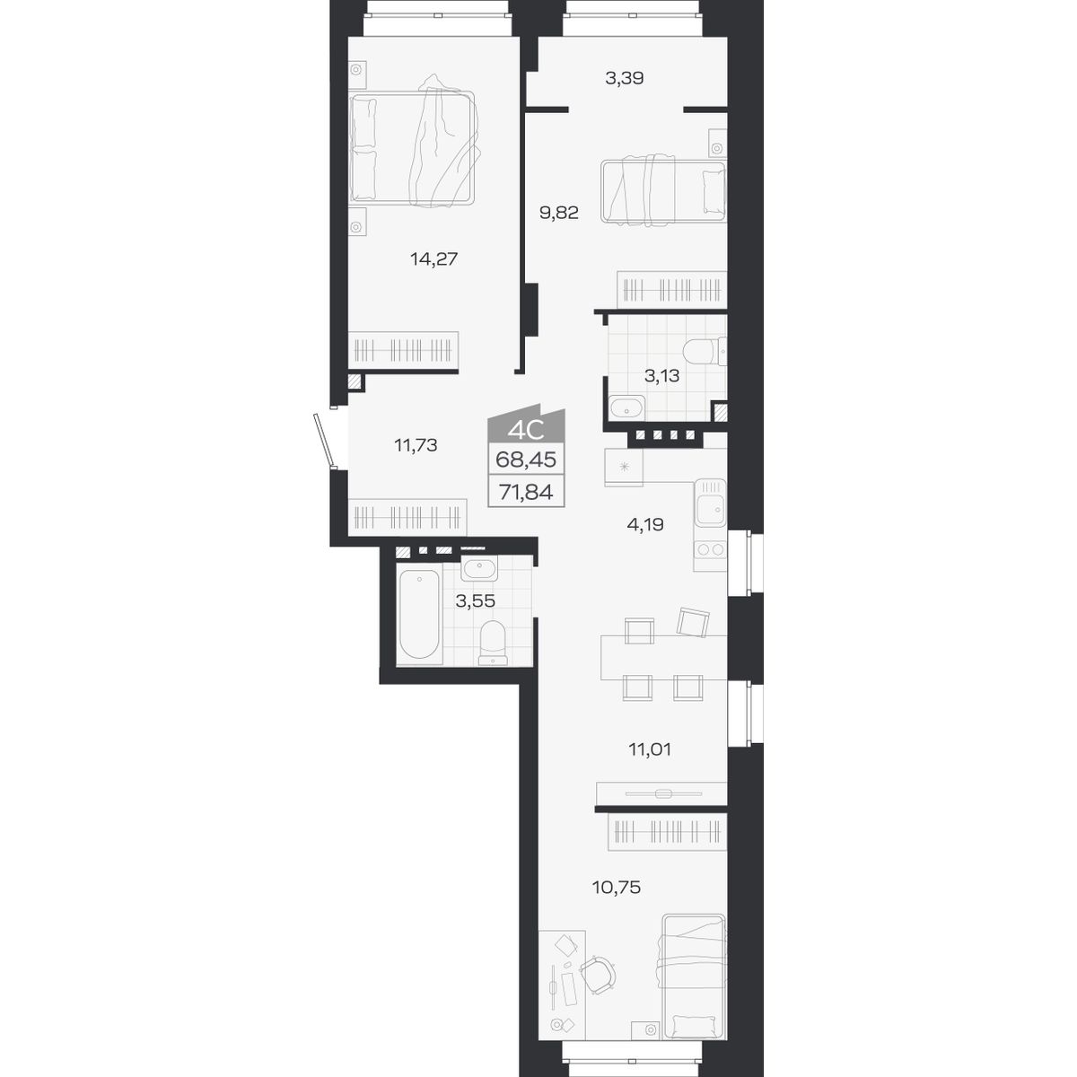 Планировка: 4-комнатная 68,45 м² в ЖК «Ясный берег»