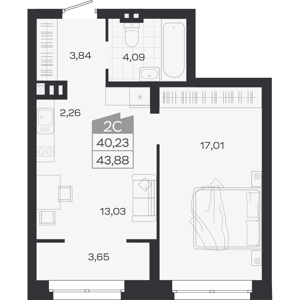 Планировка: 2-комнатная 40,23 м² в ЖК «Ясный берег»