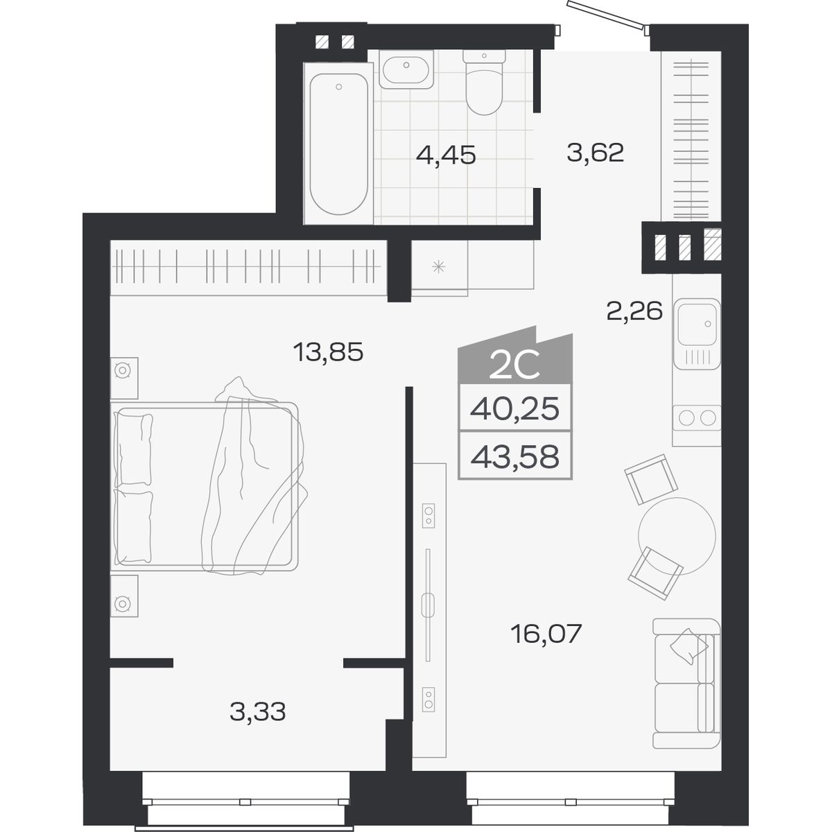 Планировка: 2-комнатная 40,25 м² в ЖК «Ясный берег»