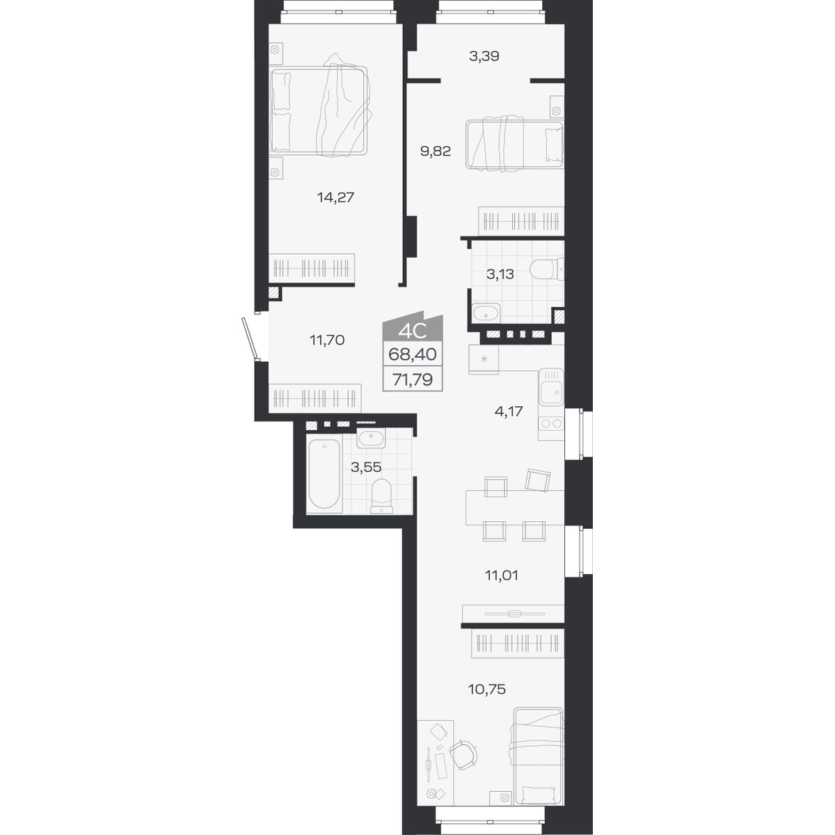 Планировка: 4-комнатная 68,4 м² в ЖК «Ясный берег»
