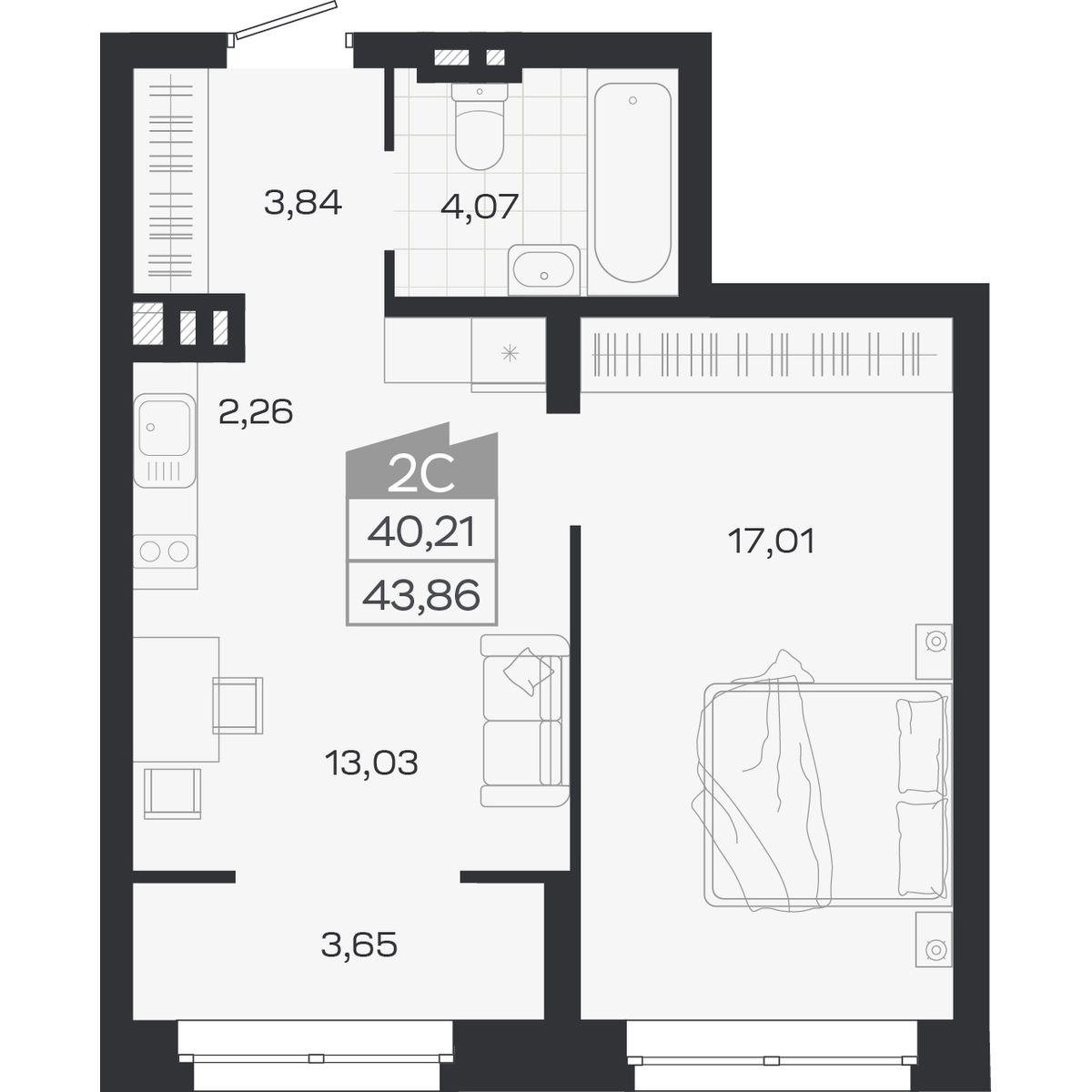 Планировка: 2-комнатная 40,21 м² в ЖК «Ясный берег»
