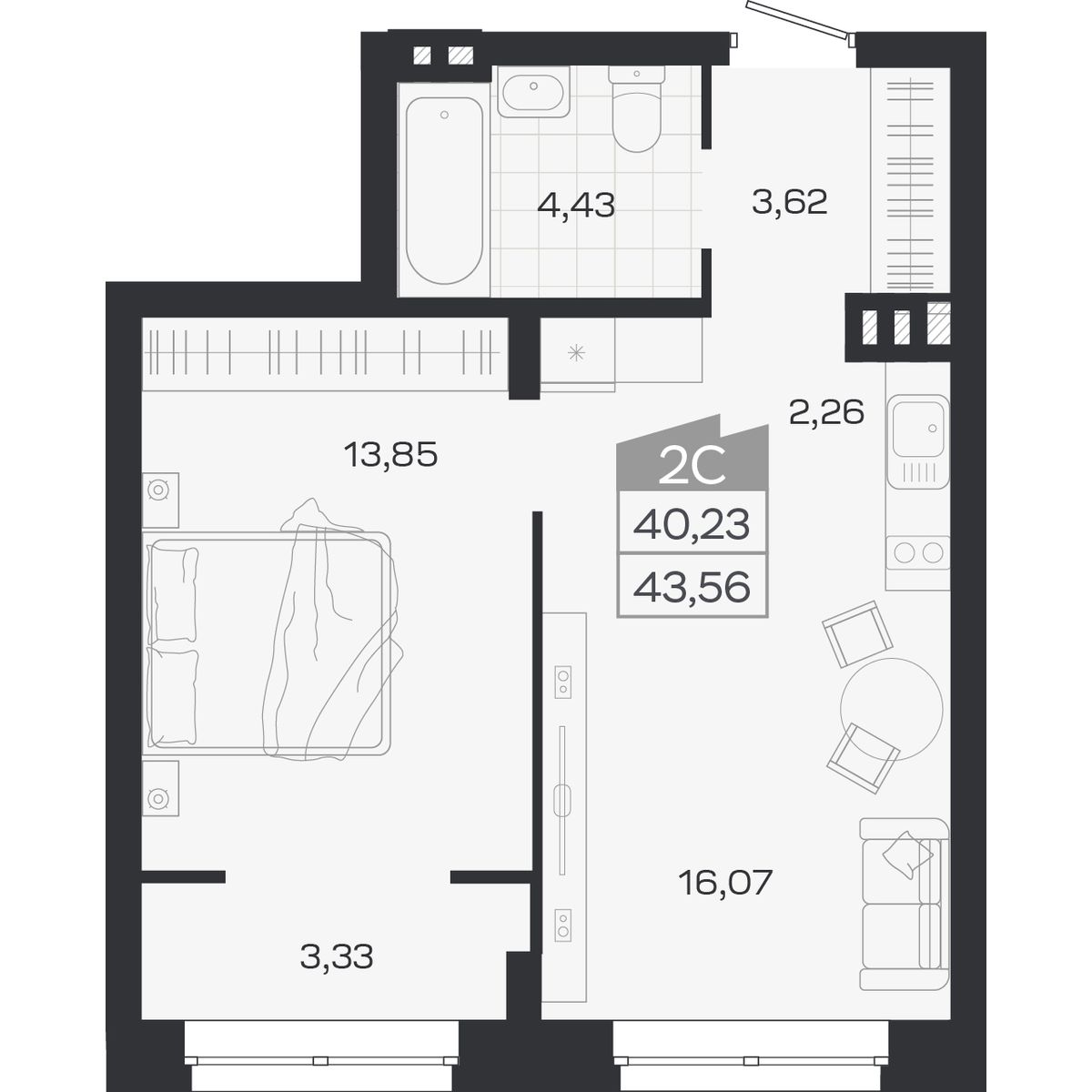 Планировка: 2-комнатная 40,23 м² в ЖК «Ясный берег»