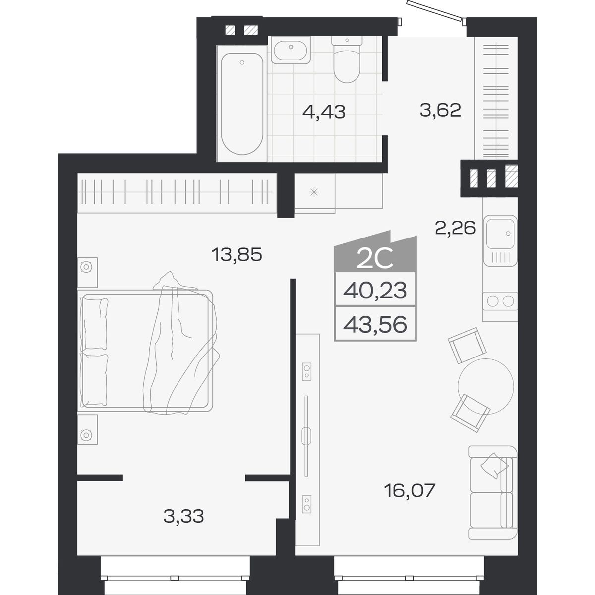 Планировка: 2-комнатная 40,23 м² в ЖК «Ясный берег»