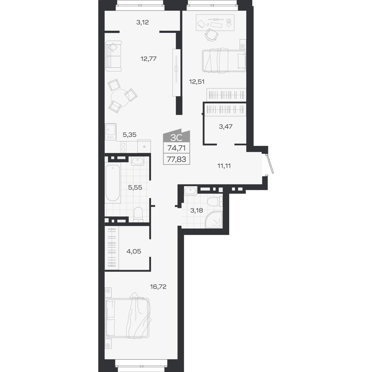 Планировка: 3-комнатная 74,71 м² в ЖК «Ясный берег»