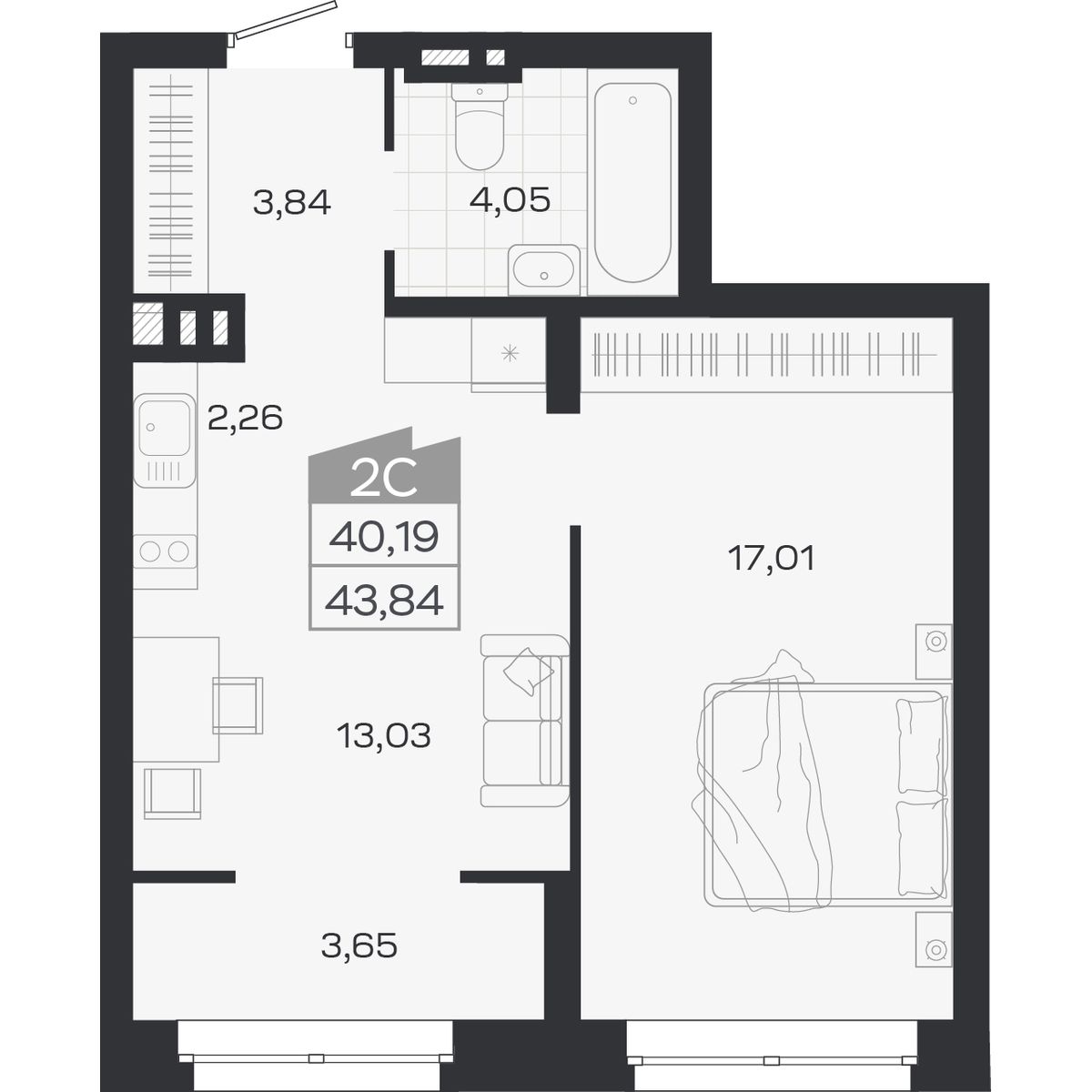 Планировка: 2-комнатная 40,19 м² в ЖК «Ясный берег»