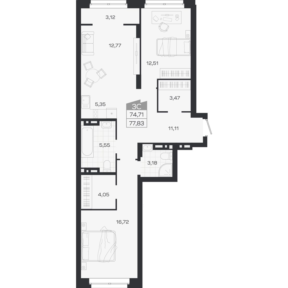 Планировка: 3-комнатная 74,71 м² в ЖК «Ясный берег»