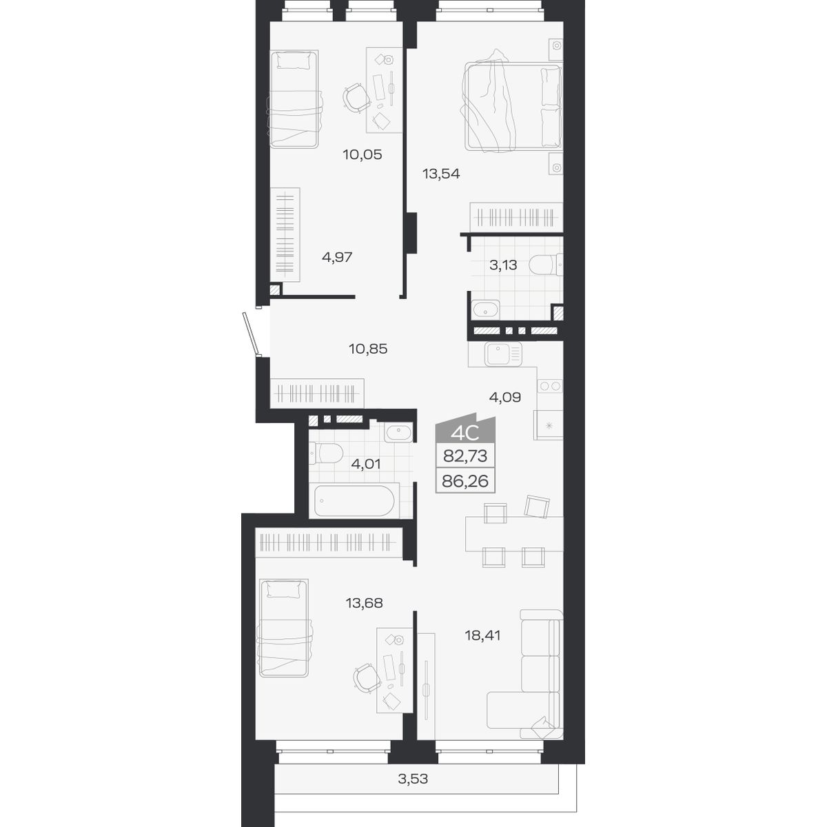 Планировка: 4-комнатная 82,73 м² в ЖК «Ясный берег»
