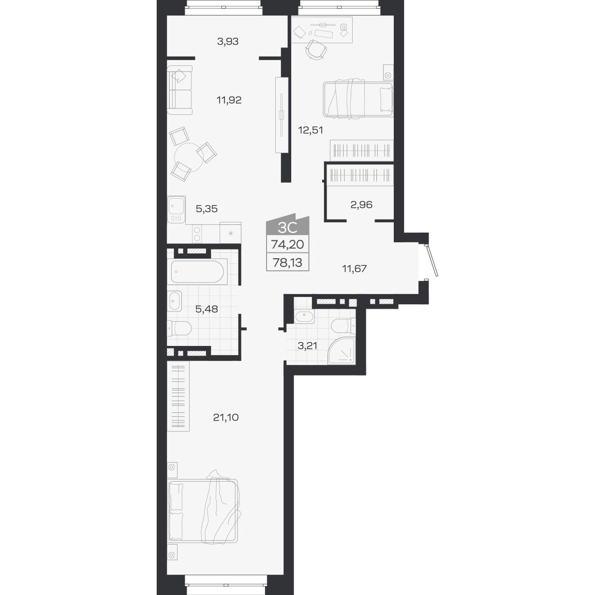 Планировка: 3-комнатная 74,2 м² в ЖК «Ясный берег»