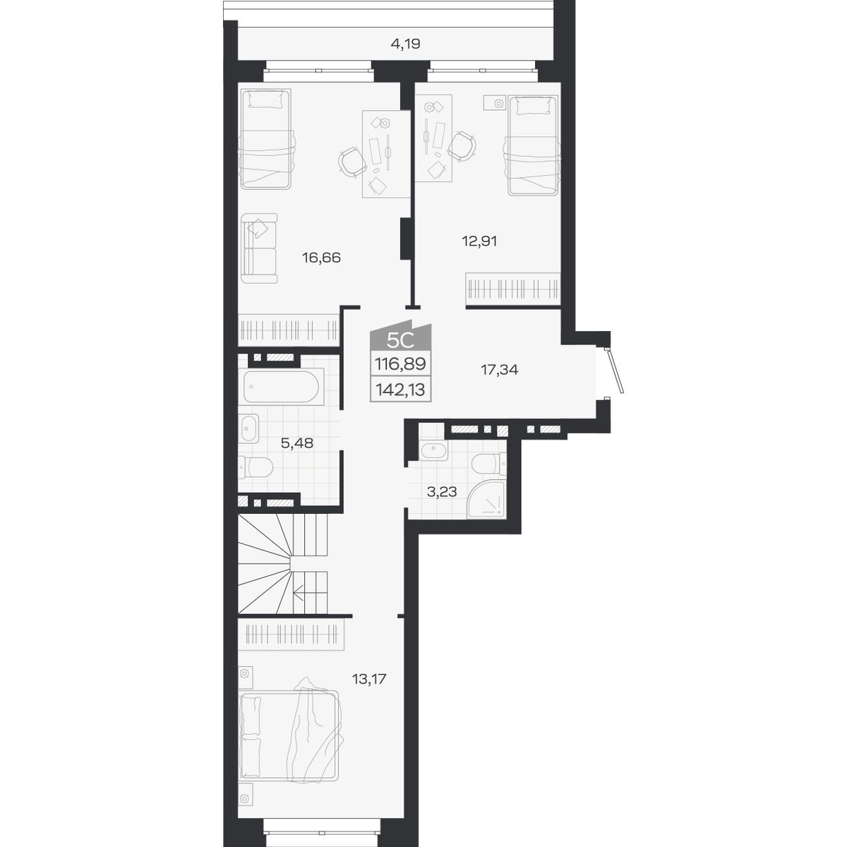 Планировка: 5-комнатная 116,89 м² в ЖК «Ясный берег»
