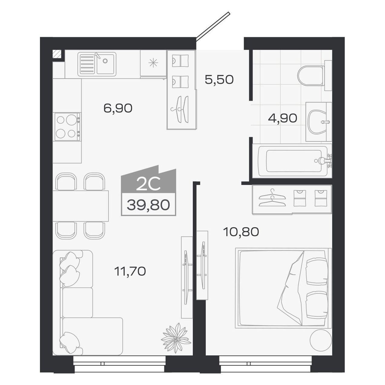 Планировка: Евро-2, 39,8 м²