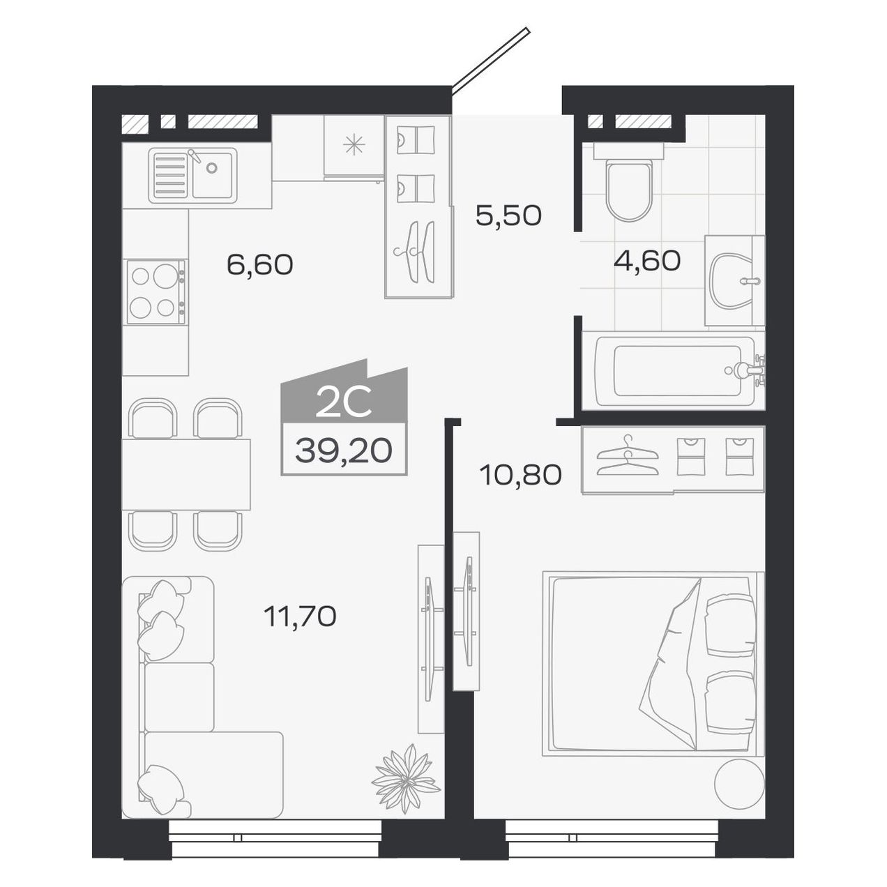 Планировка: Евро-2, 39,2 м²