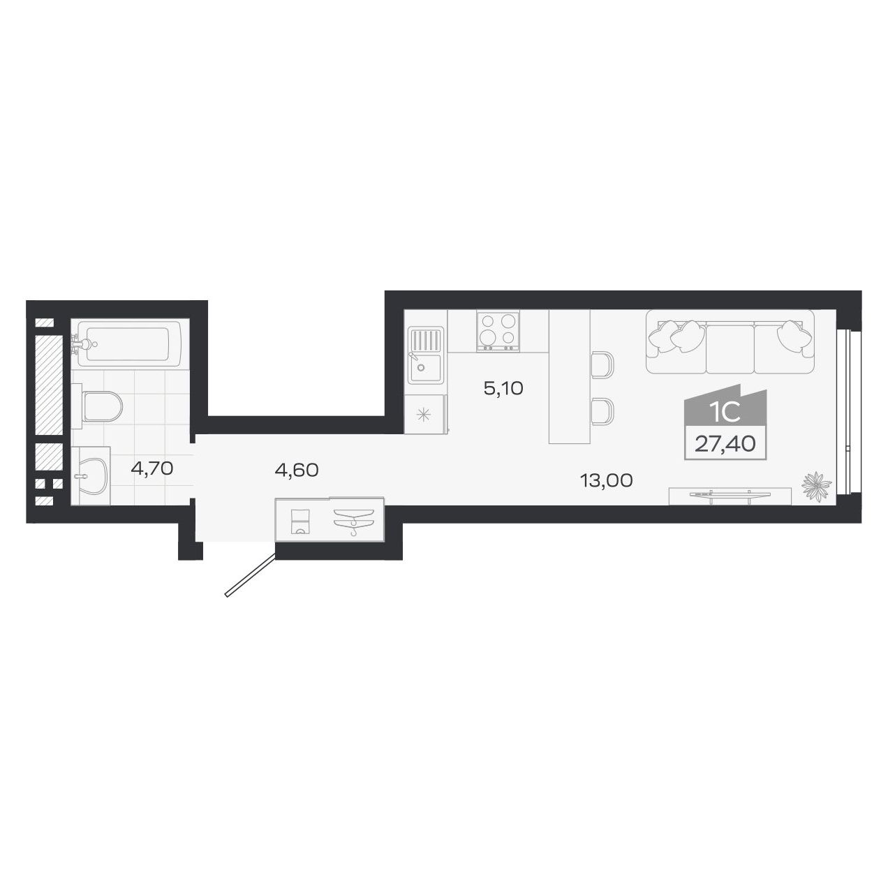 Планировка: Евро-1, 27,4 м²