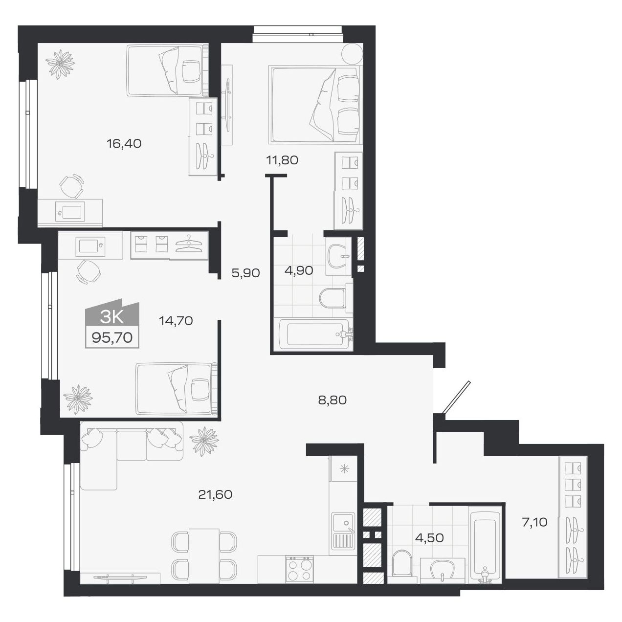 Планировка: 3-комнатная 95,7 м² в ЖК «Ясный берег»