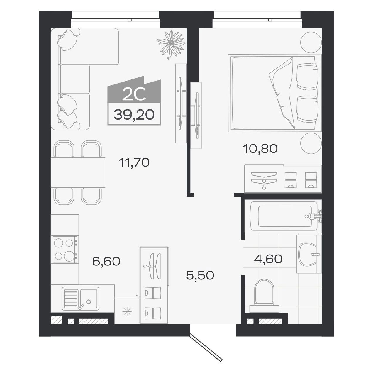 Планировка: Евро-2, 39,2 м²