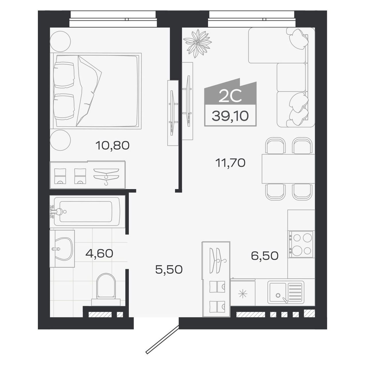 Планировка: Евро-2, 39,1 м²
