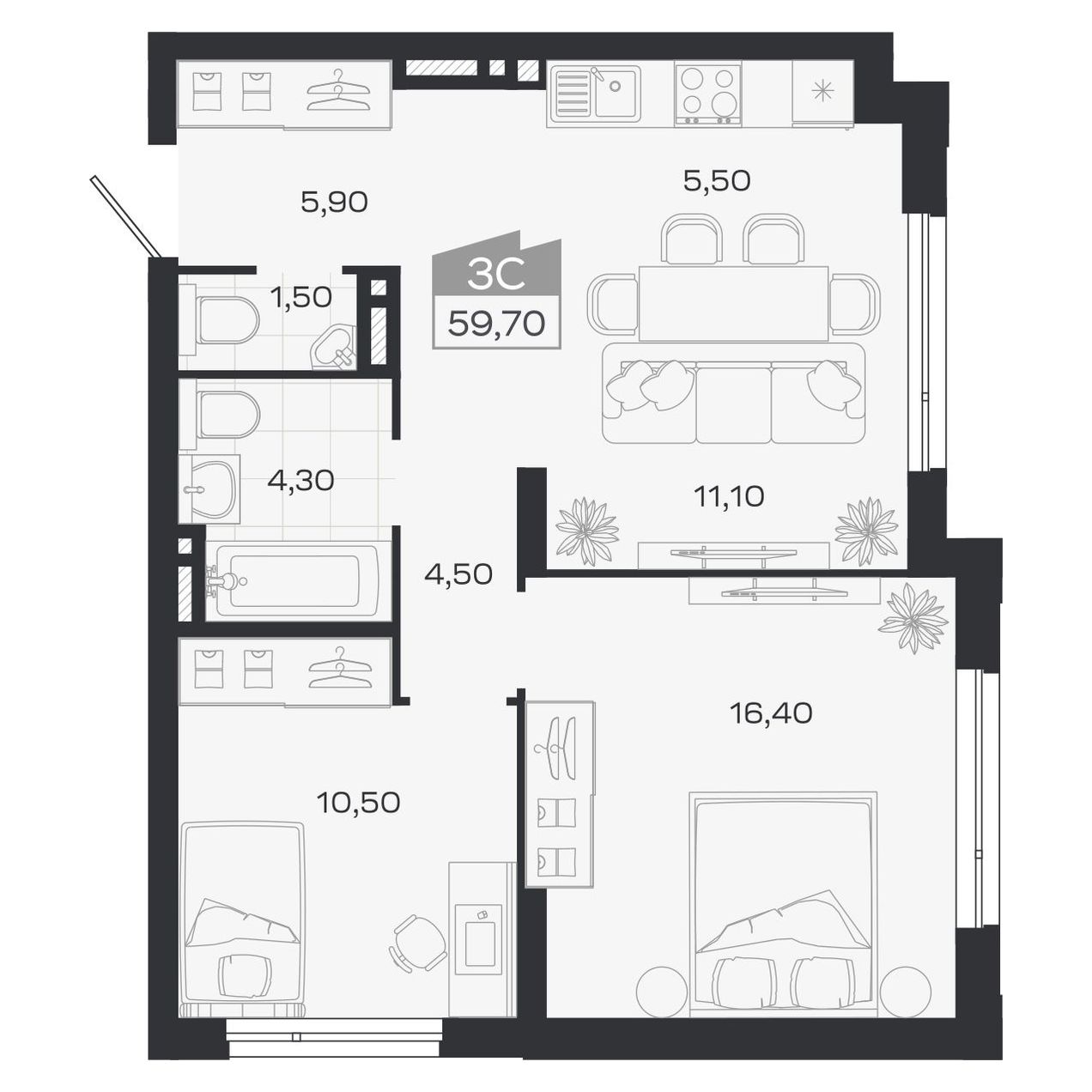 Планировка: 3-комнатная 59,7 м² в ЖК «Ясный берег»