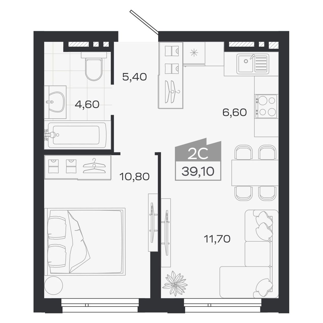 Планировка: Евро-2, 39,1 м²