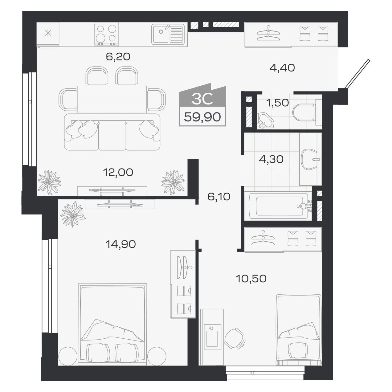 Планировка: 3-комнатная 59,9 м² в ЖК «Ясный берег»