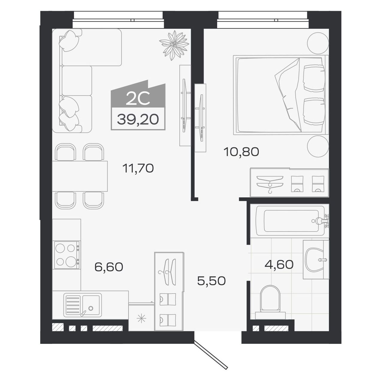 Планировка: 2-комнатная 39,2 м² в ЖК «Ясный берег»