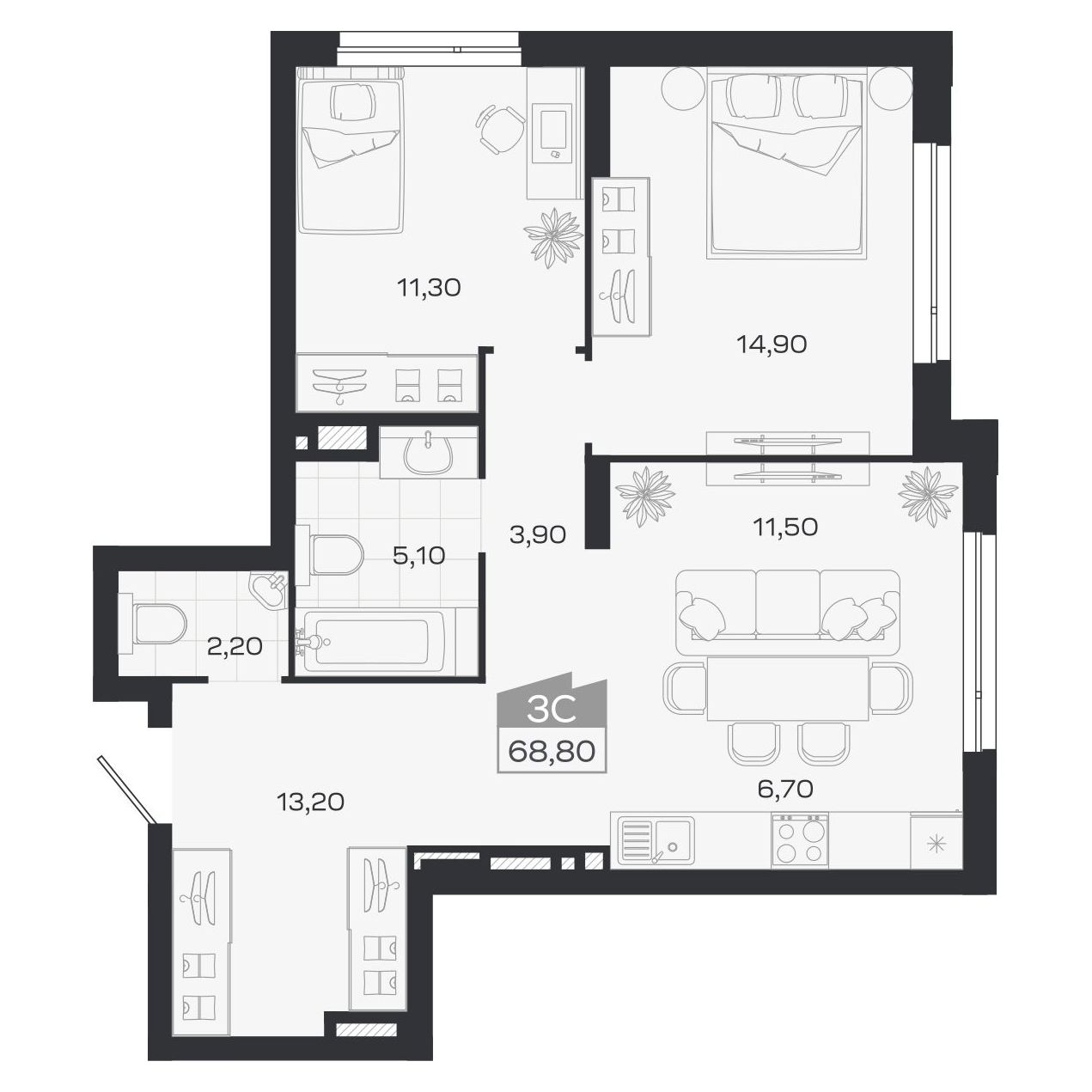 Планировка: 3-комнатная 68,8 м² в ЖК «Ясный берег»