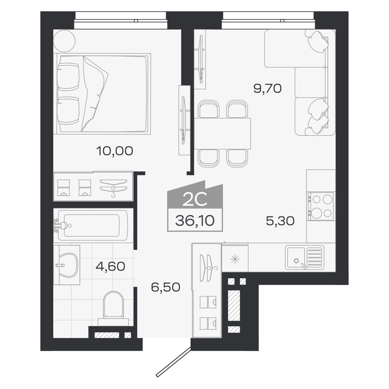 Планировка: Евро-2, 36,1 м²