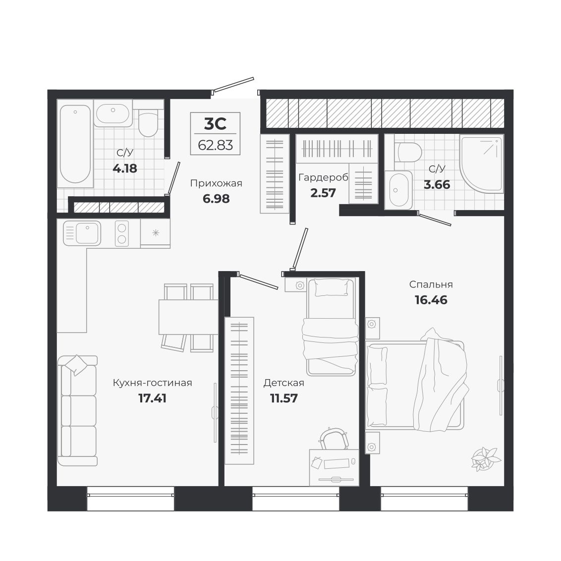 Планировка: 3-комнатная 62,83 м² в ЖК «Ясный берег»