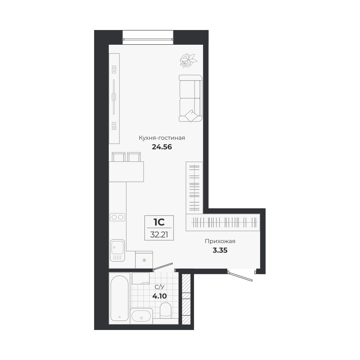 Планировка: Евро-1, 32,21 м²