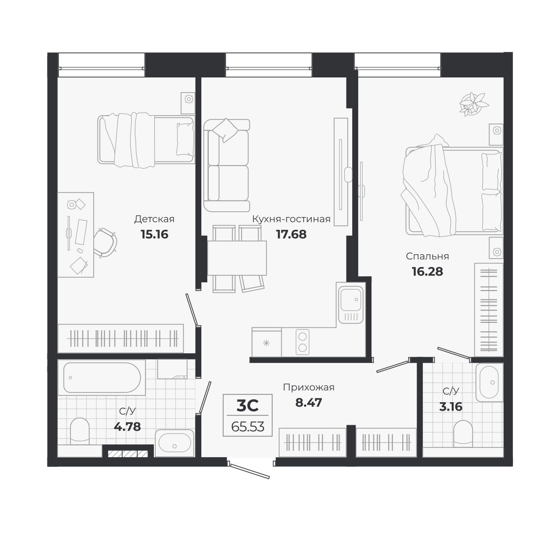 Планировка: 3-комнатная 65,53 м² в ЖК «Ясный берег»