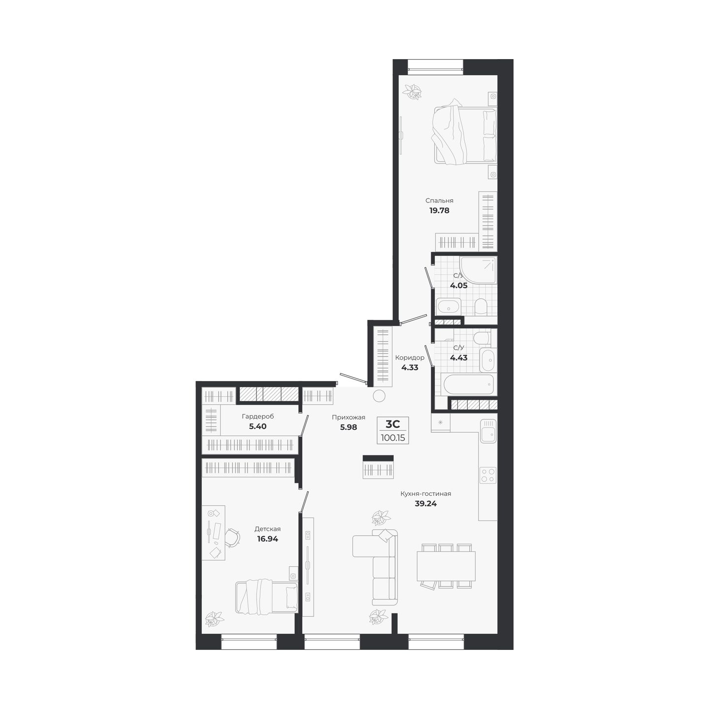 Планировка: 3-комнатная 100,15 м² в ЖК «Ясный берег»