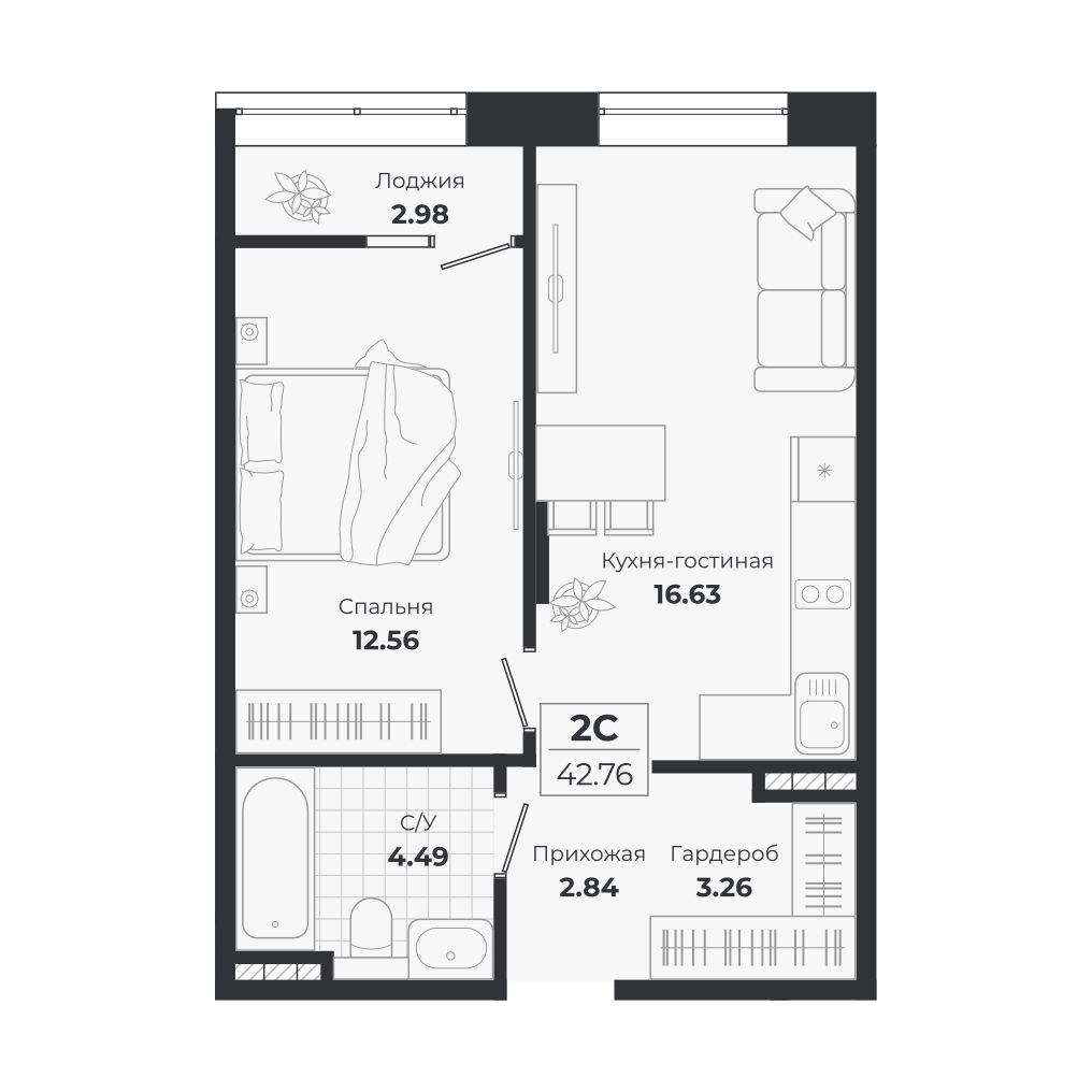 Планировка: 2-комнатная 39,78 м² в ЖК «Ясный берег»