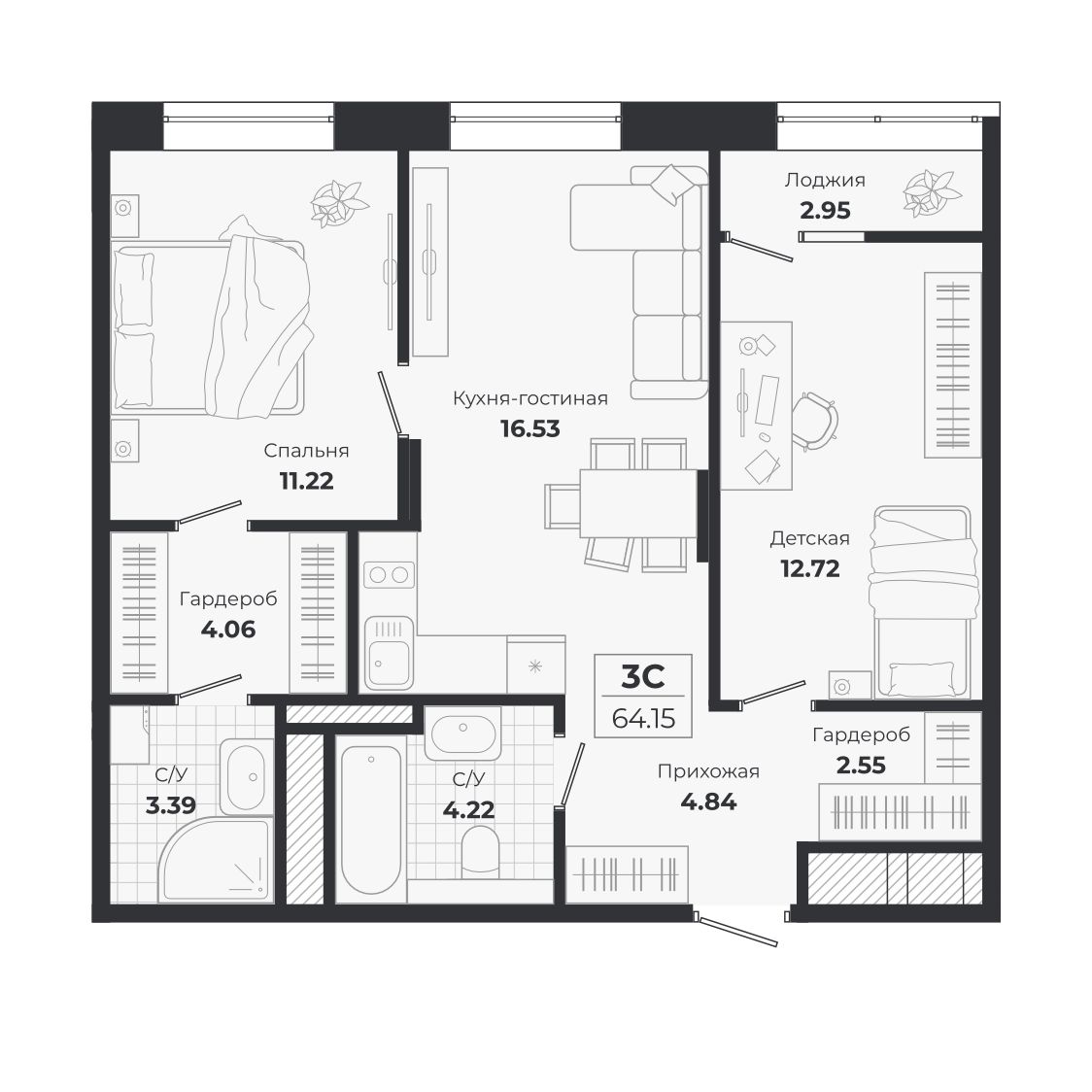 Планировка: 3-комнатная 61,2 м² в ЖК «Ясный берег»