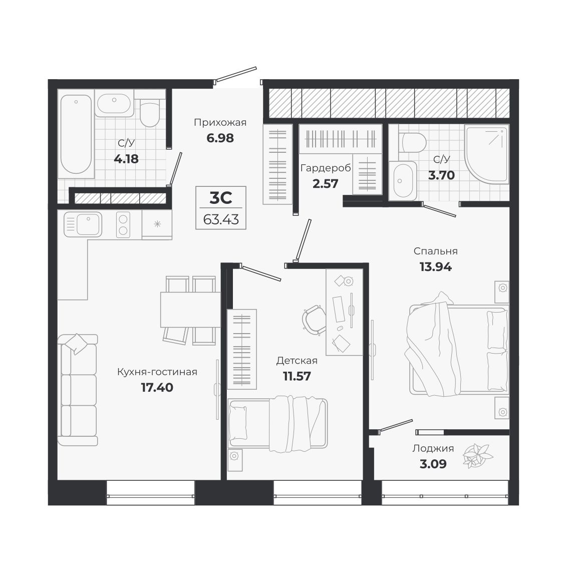 Планировка: 3-комнатная 60,34 м² в ЖК «Ясный берег»