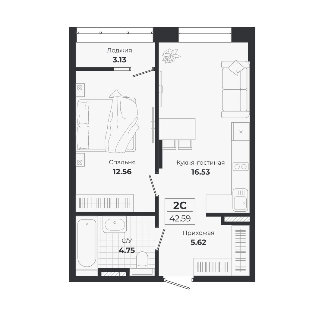 Планировка: 2-комнатная 39,46 м² в ЖК «Ясный берег»