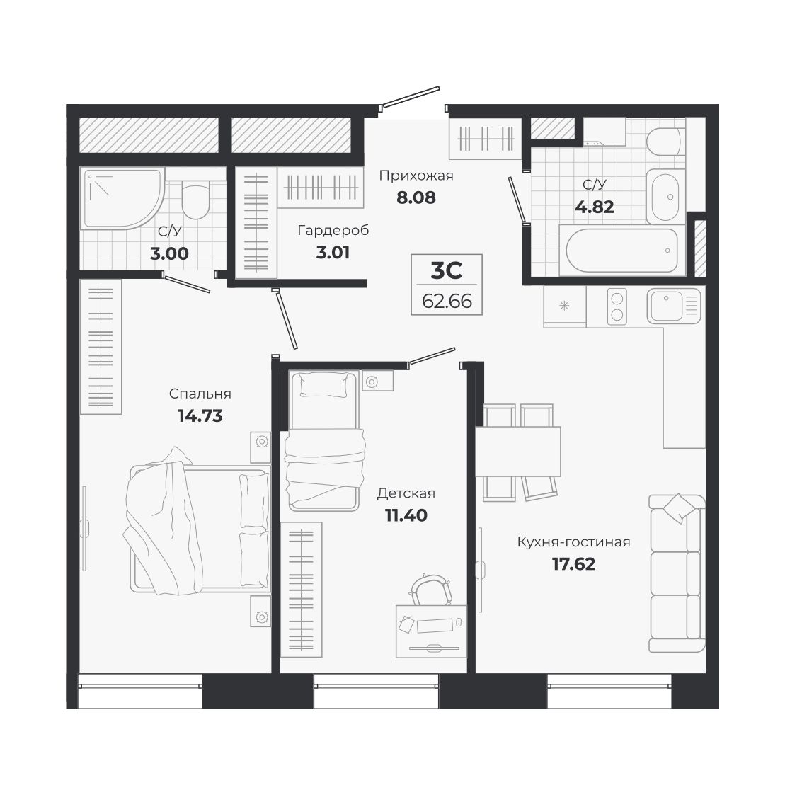 Планировка: 3-комнатная 62,66 м² в ЖК «Ясный берег»