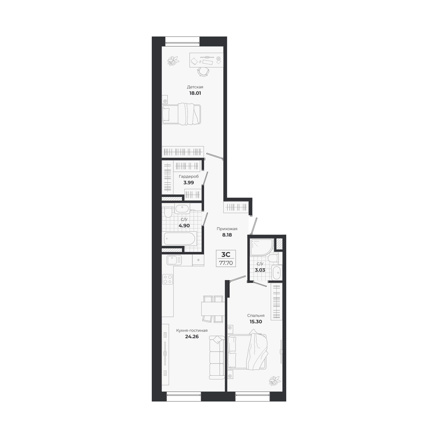 Планировка: 3-комнатная 77,7 м² в ЖК «Ясный берег»