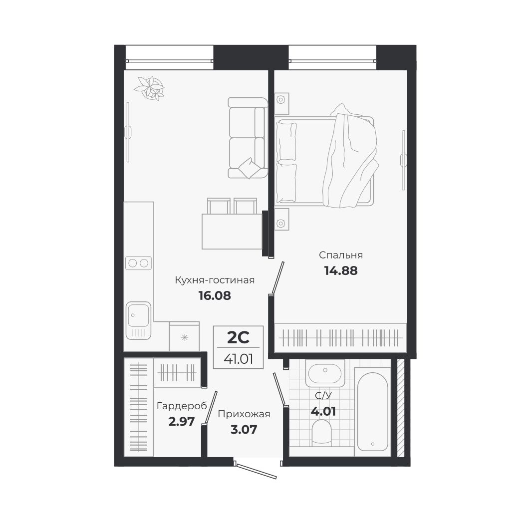 Планировка: 2-комнатная 41,01 м² в ЖК «Ясный берег»